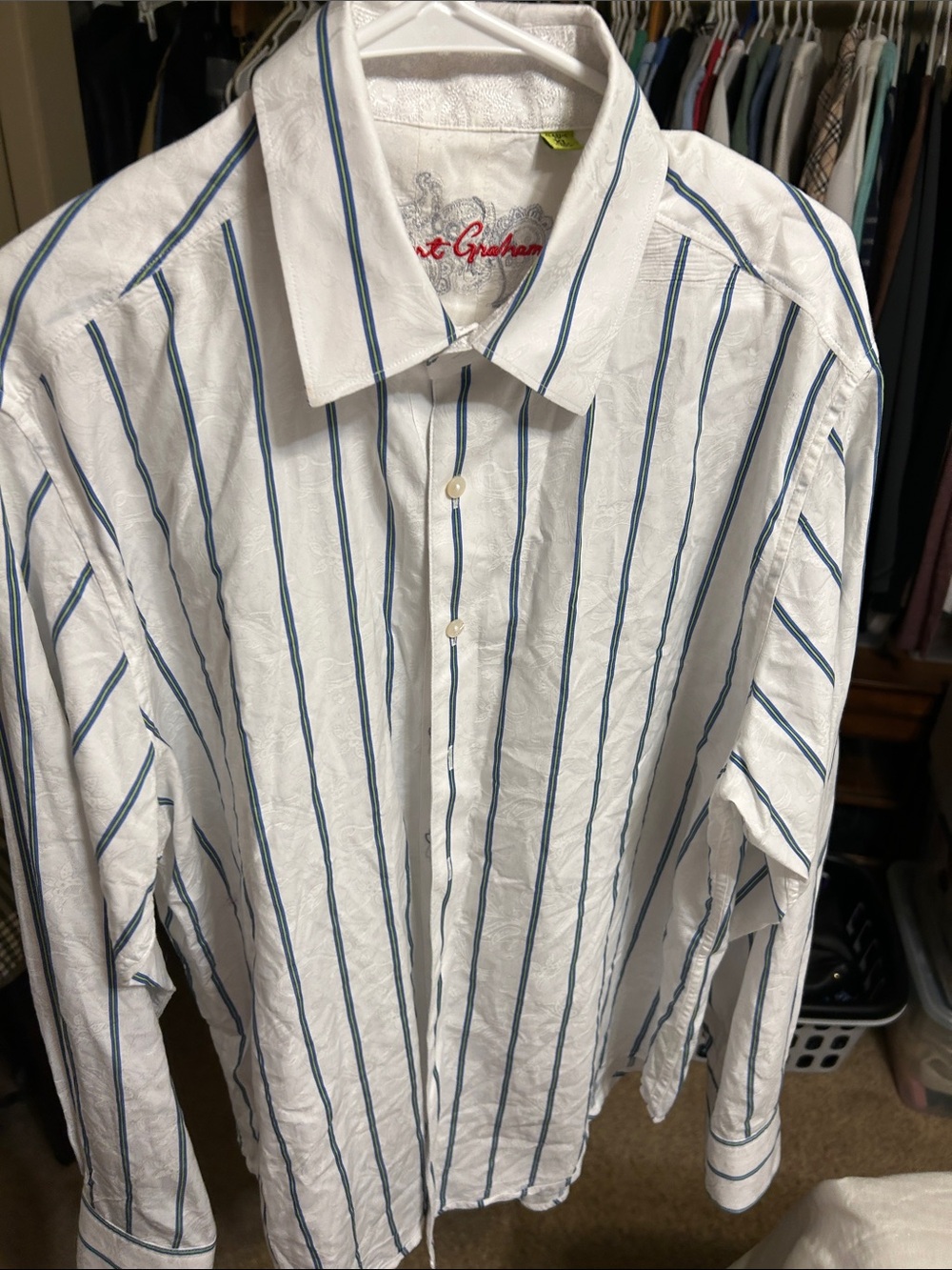 Robert Graham White Shirt with Blue Vertical Stripes